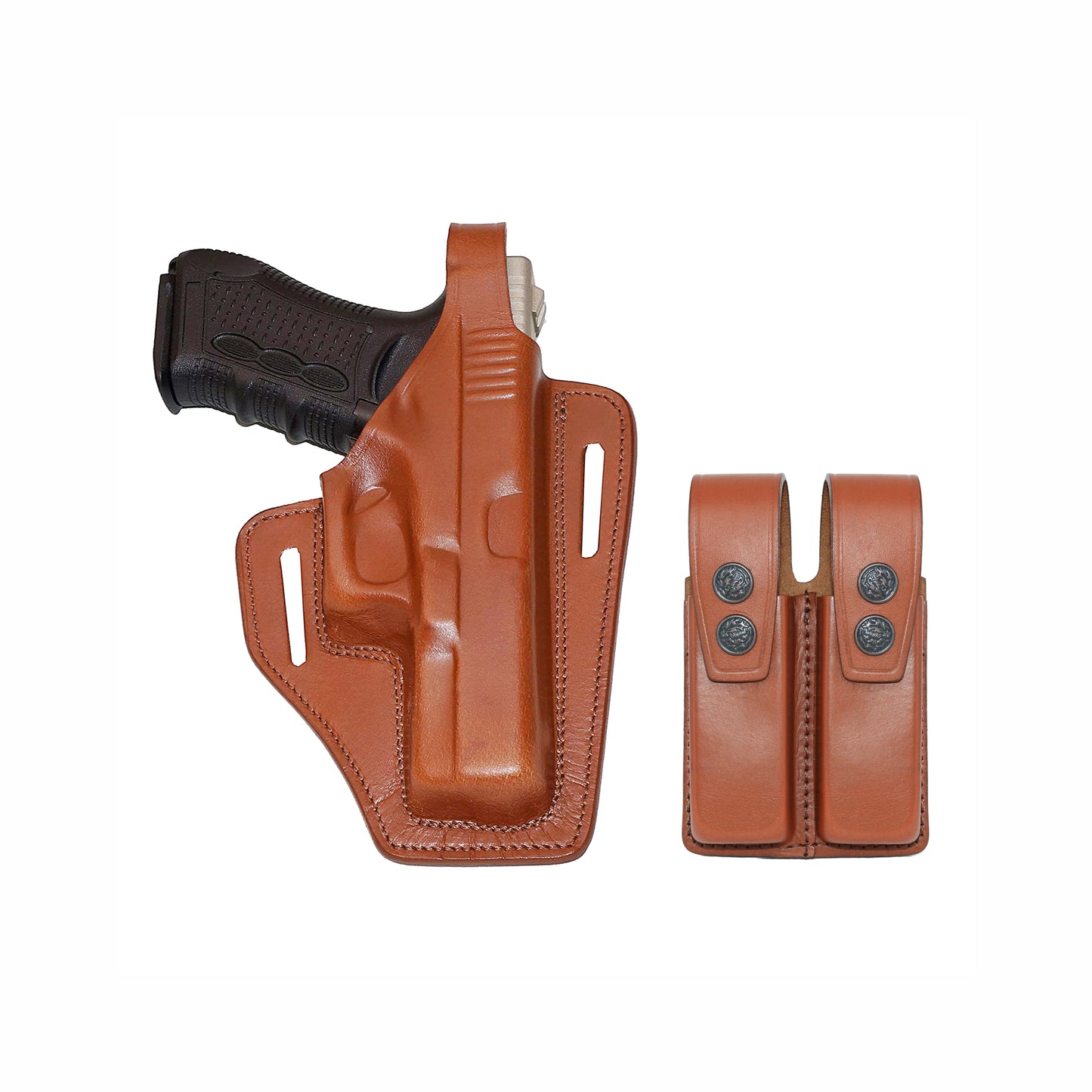 ALIS339092 Pancake Leather Holster Thumb Break RH & Double Magazine Pouch for Glock 19 Glock 23 Handmade!