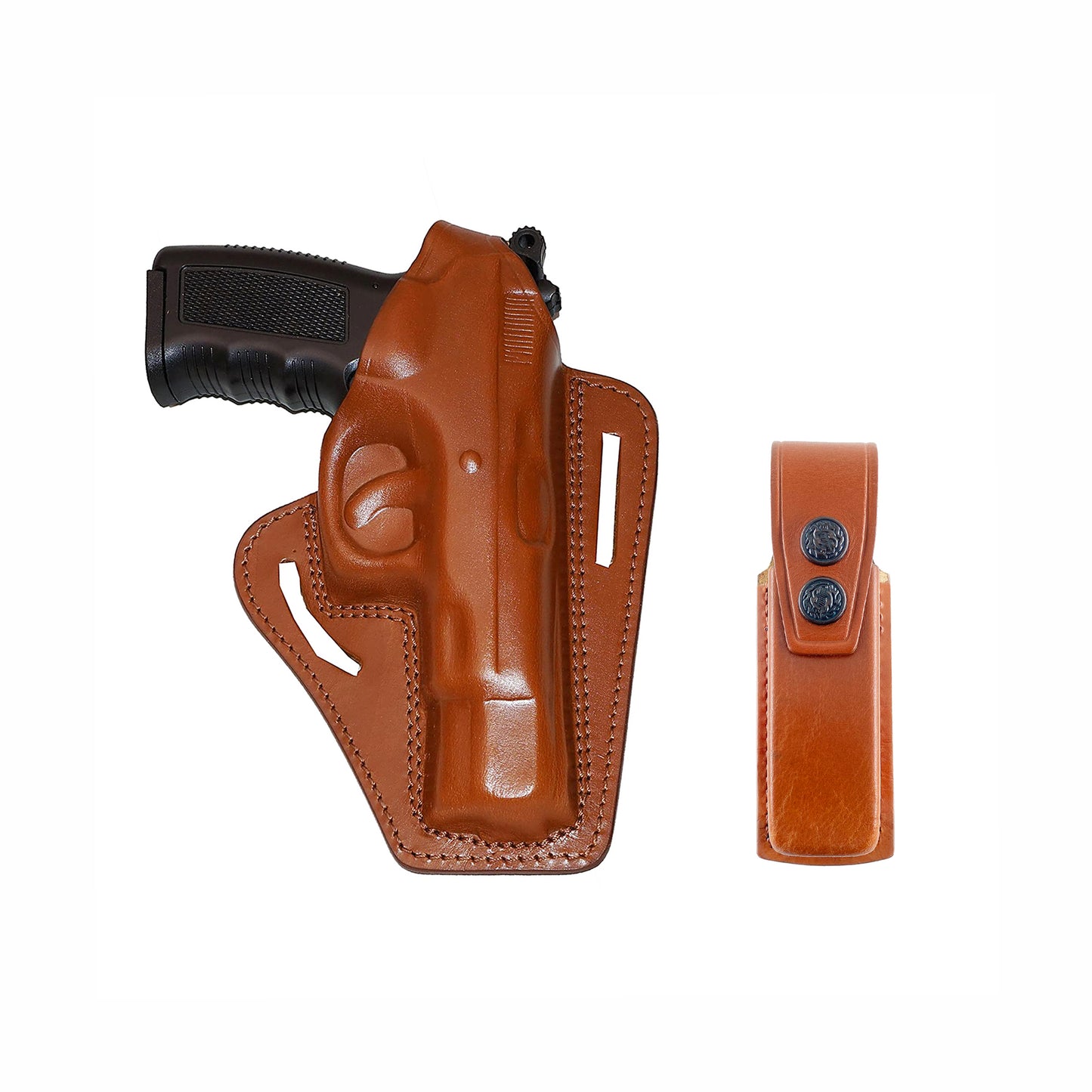 K31105 2 Slot Pancake Leather Holster Thumb Break Closed-end RH & Single Magazine Pouch Fits CZ 75