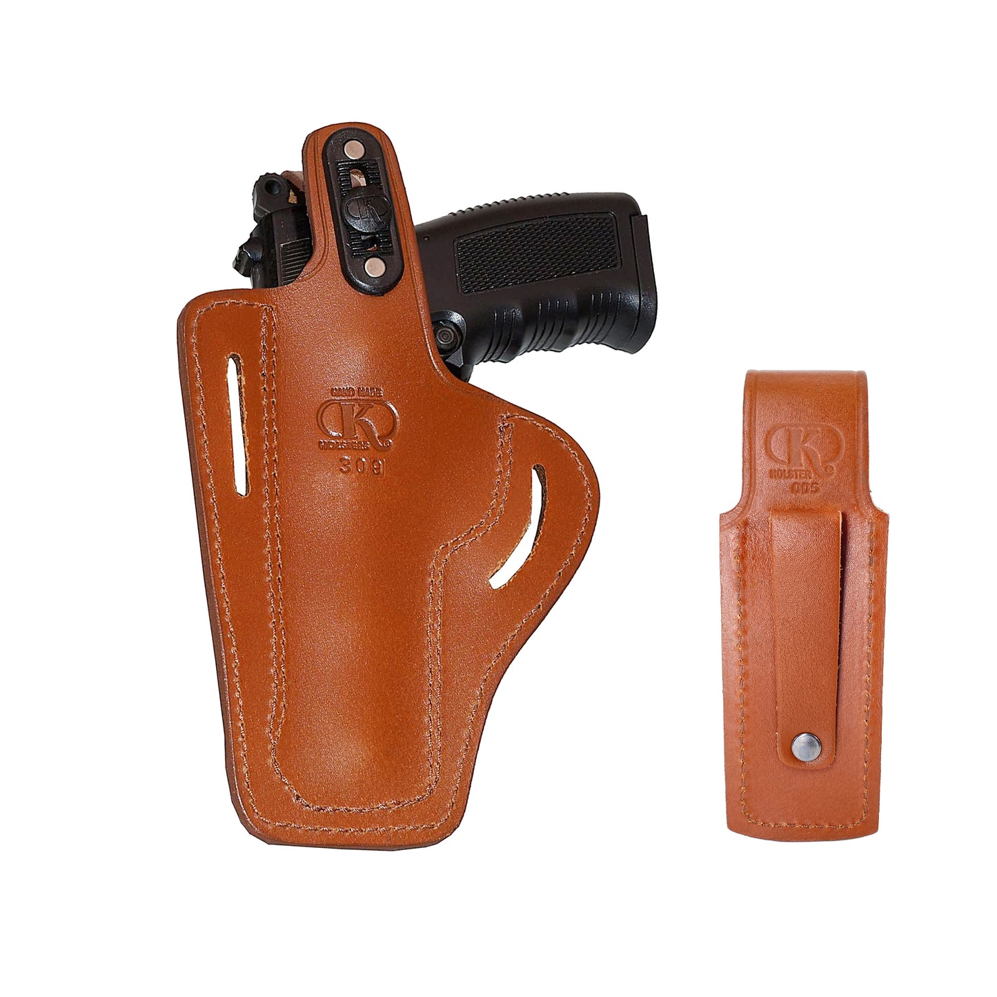 2 Slot Pancake Leather Holster Thumb Break Closed-end RH & Single Magazine Pouch Fits Browning HP Handmade! (#K30905)