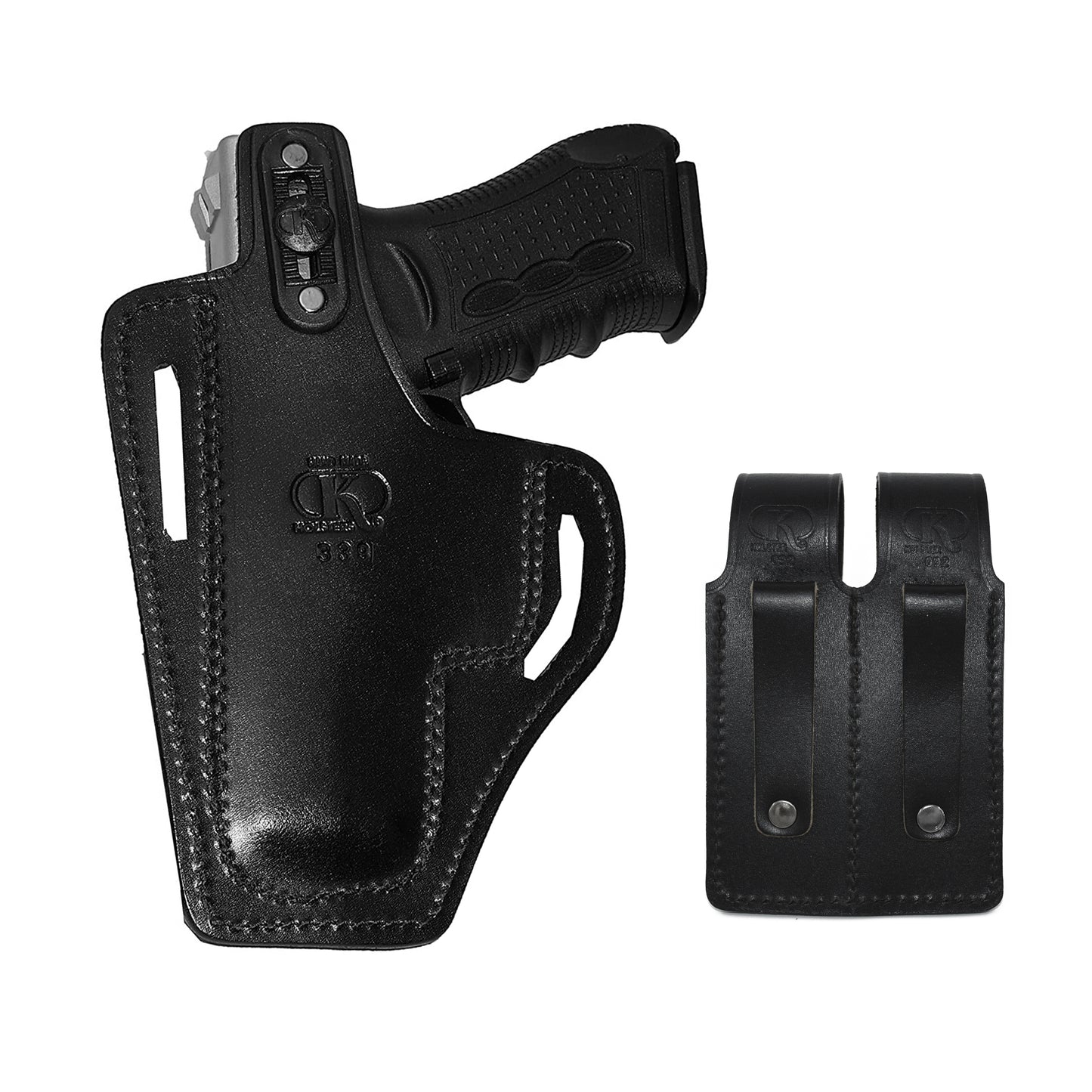 ALIS339092 Pancake Leather Holster Thumb Break RH & Double Magazine Pouch for Glock 19 Glock 23 Handmade!