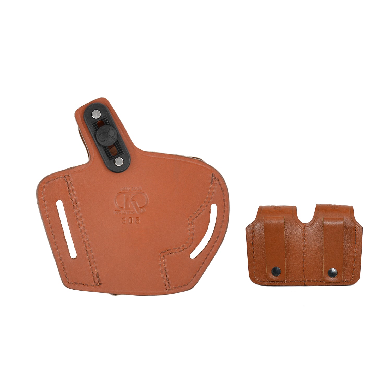 ALIS30638 2 Slot Pancake Leather Holster Thumb Break Open-end RH & Double Speedloader Case Fits 357 Magnum Handmade!