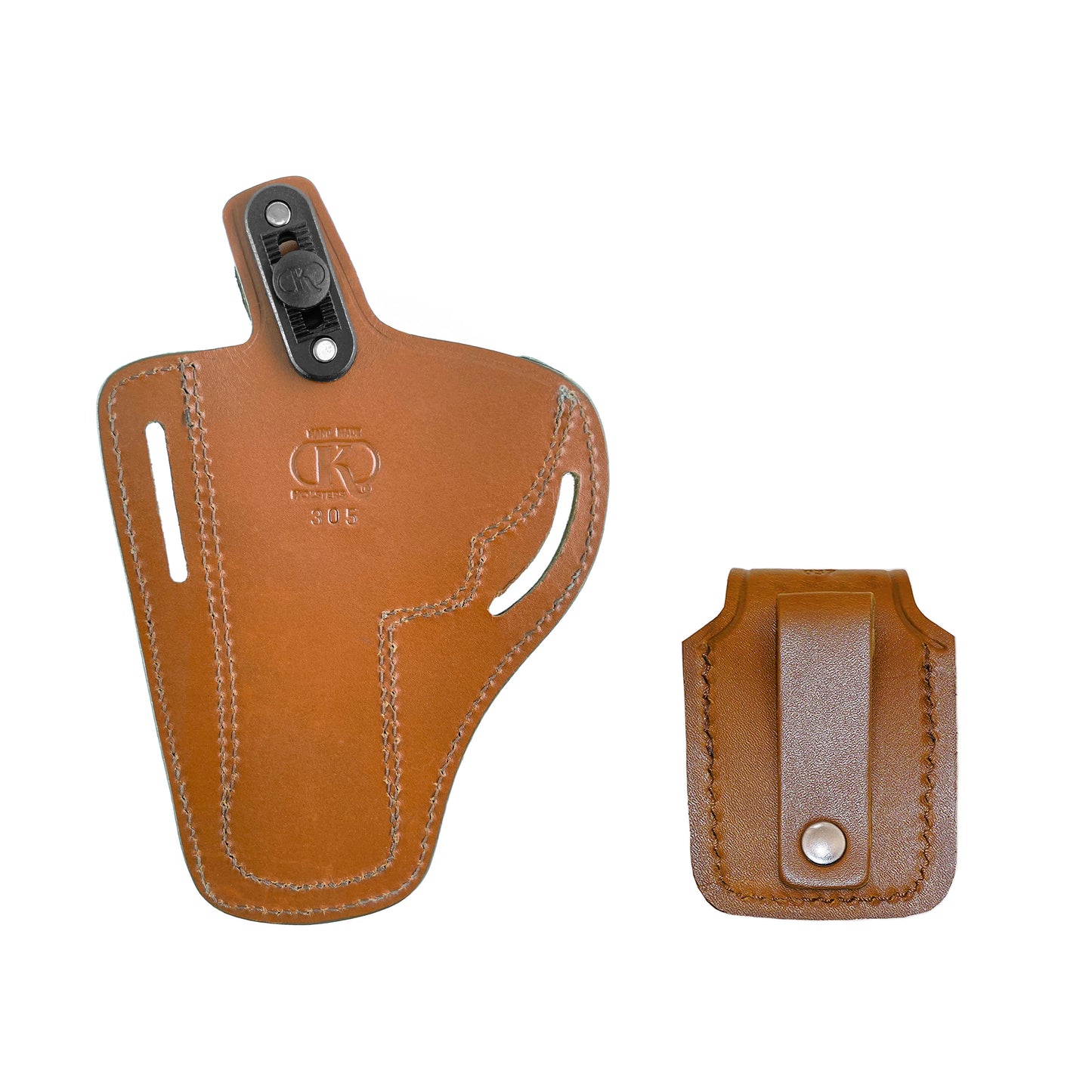 AlisB30537 2 Slot Pancake OWB Leather Holster Thumb Break Right Hand Fits 357 Magnum with Single Speedloader Case & Belt Handmade!