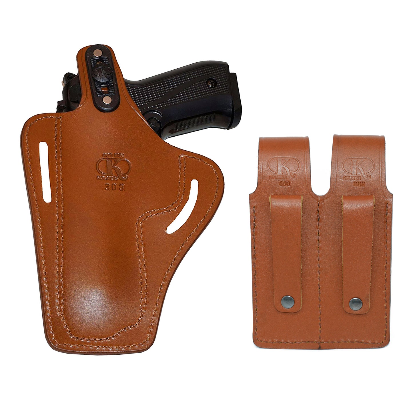 ALIS30306 2 Slot Pancake Leather Holster Thumb Break RH with Double Magazine Pouch Fits Beretta 92 92F 96 B803 Taurus 92&99 Handmade!