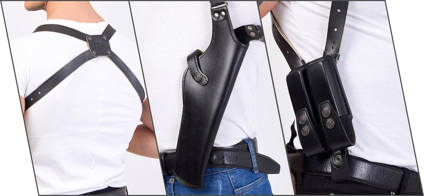 ALIS453 Leather Vertical Shoulder Holster with Double Magazine Pouch Soft Fabric Interior Lining Beretta CZ 75 Ruger Sig Sauer Springfield up to 5" RH