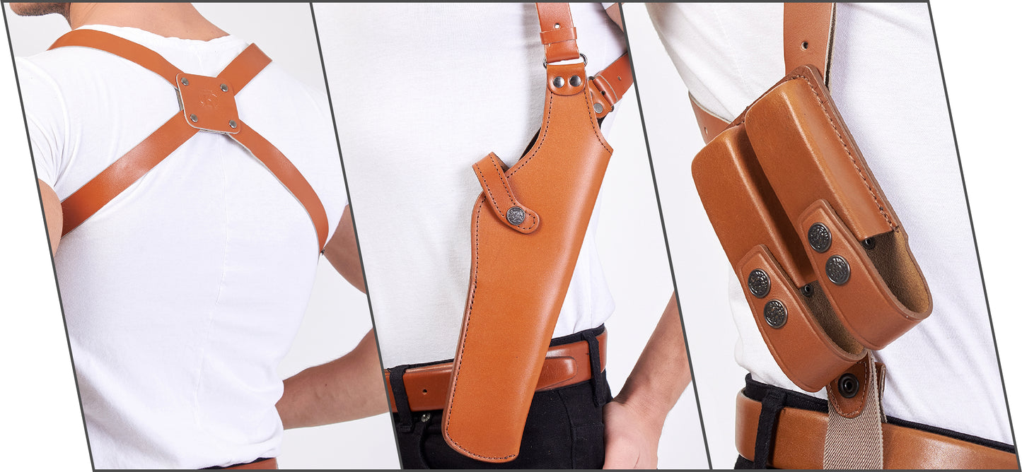 ALIS453 Leather Vertical Shoulder Holster with Double Magazine Pouch Soft Fabric Interior Lining Beretta CZ 75 Ruger Sig Sauer Springfield up to 5" RH