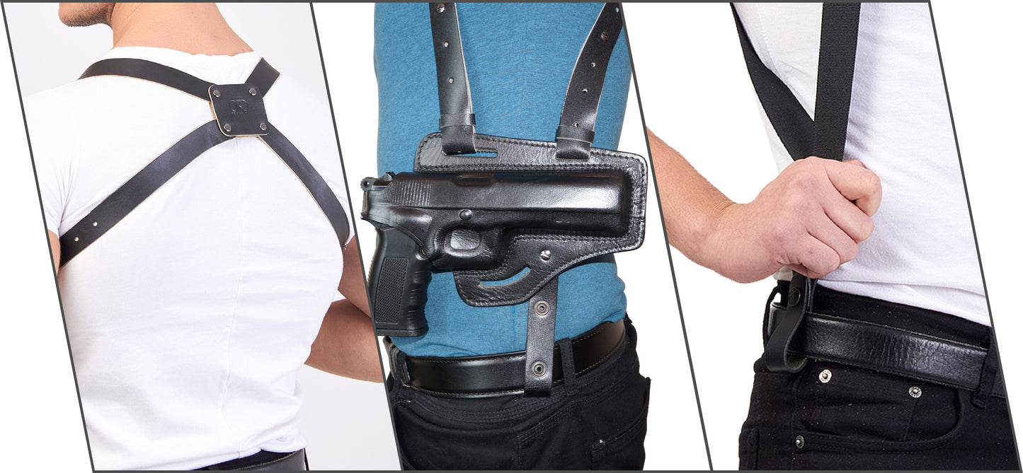 KHS0343202 Horizontal Shoulder & Belt Holster Colt Ruger Springfield Taurus 1911 & Two Single Magazine pouches RH Handmade! (2in1)