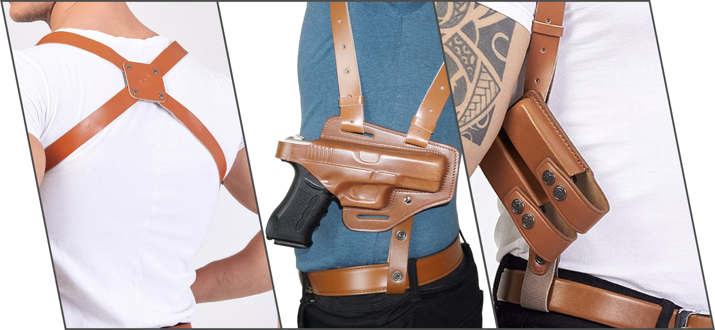 KHS339 Horizontal Shoulder & Belt Holster with Double Magazine Pouch RH Fits Glock 19 Handmade! Free Extension for Big Body Size!