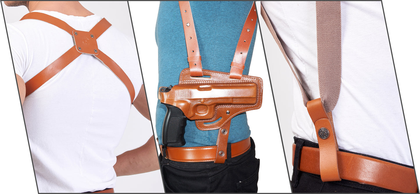 KHS0343202 Horizontal Shoulder & Belt Holster Colt Ruger Springfield Taurus 1911 & Two Single Magazine pouches RH Handmade! (2in1)