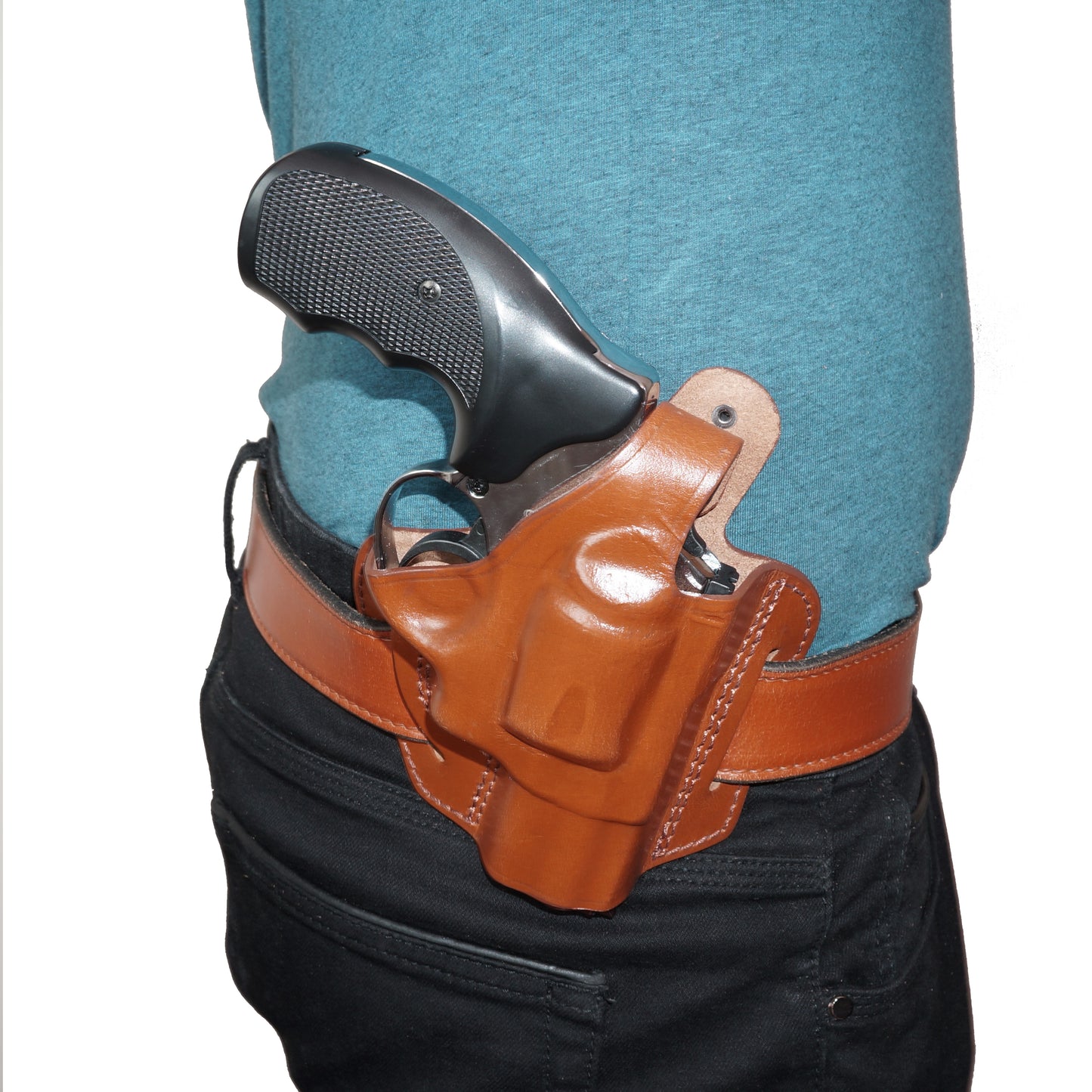 357 Magnum Pancake Leather Holster, Thumb Break 2 Slot Open-end RH & Single Speedloader Case Handmade! (ALIS30637)