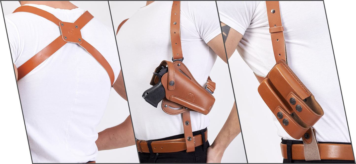 K446 Vertical-Horizontal Shoulder & Belt Holster with Double Mag Pouch Fits Beretta CZ 75 Browning HP Sig Sauer with 4" Barrel (3in1)