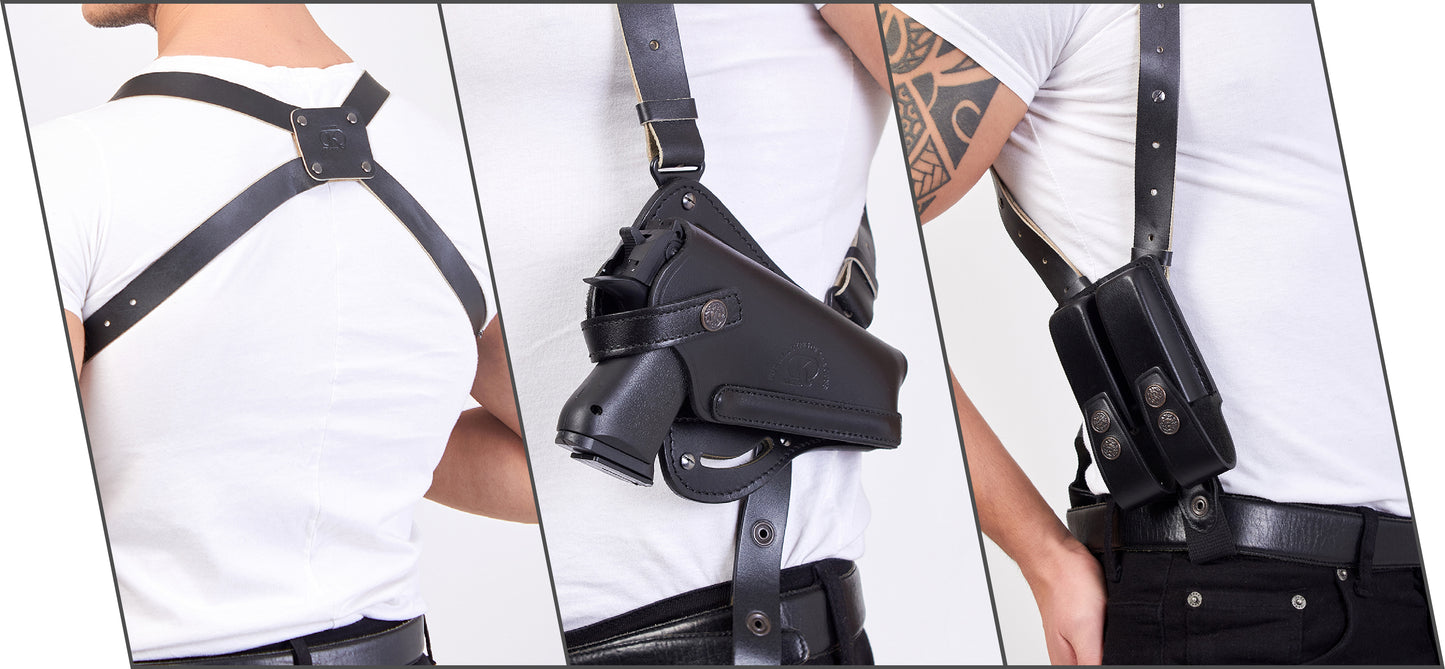 K446 Vertical-Horizontal Shoulder & Belt Holster with Double Mag Pouch Fits Beretta CZ 75 Browning HP Sig Sauer with 4" Barrel (3in1)