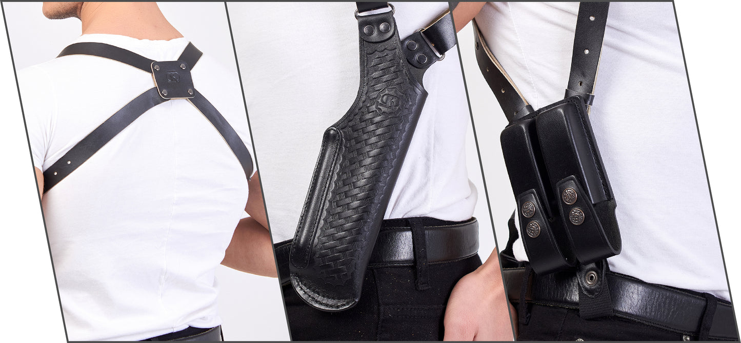 K447 Basketweave Vertical Shoulder Holster with Double Magazine Pouch for Beretta CZ 75 Browning HP Sig Sauer P226 with 4" Barrel RH Handmade