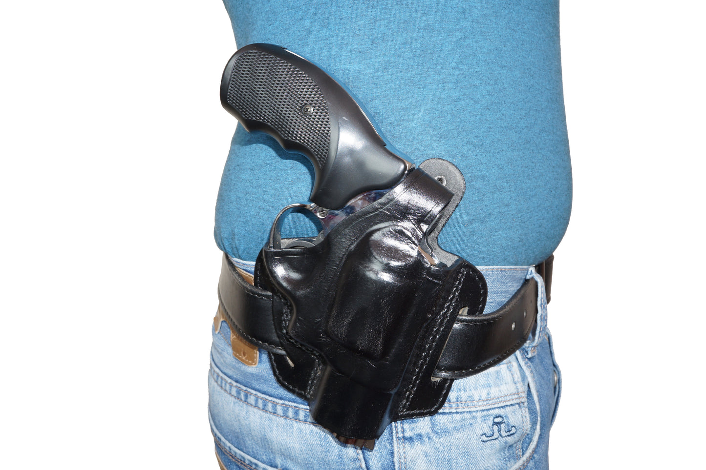 357 Magnum Pancake Leather Holster, Thumb Break 2 Slot Open-end RH & Single Speedloader Case Handmade! (ALIS30637)