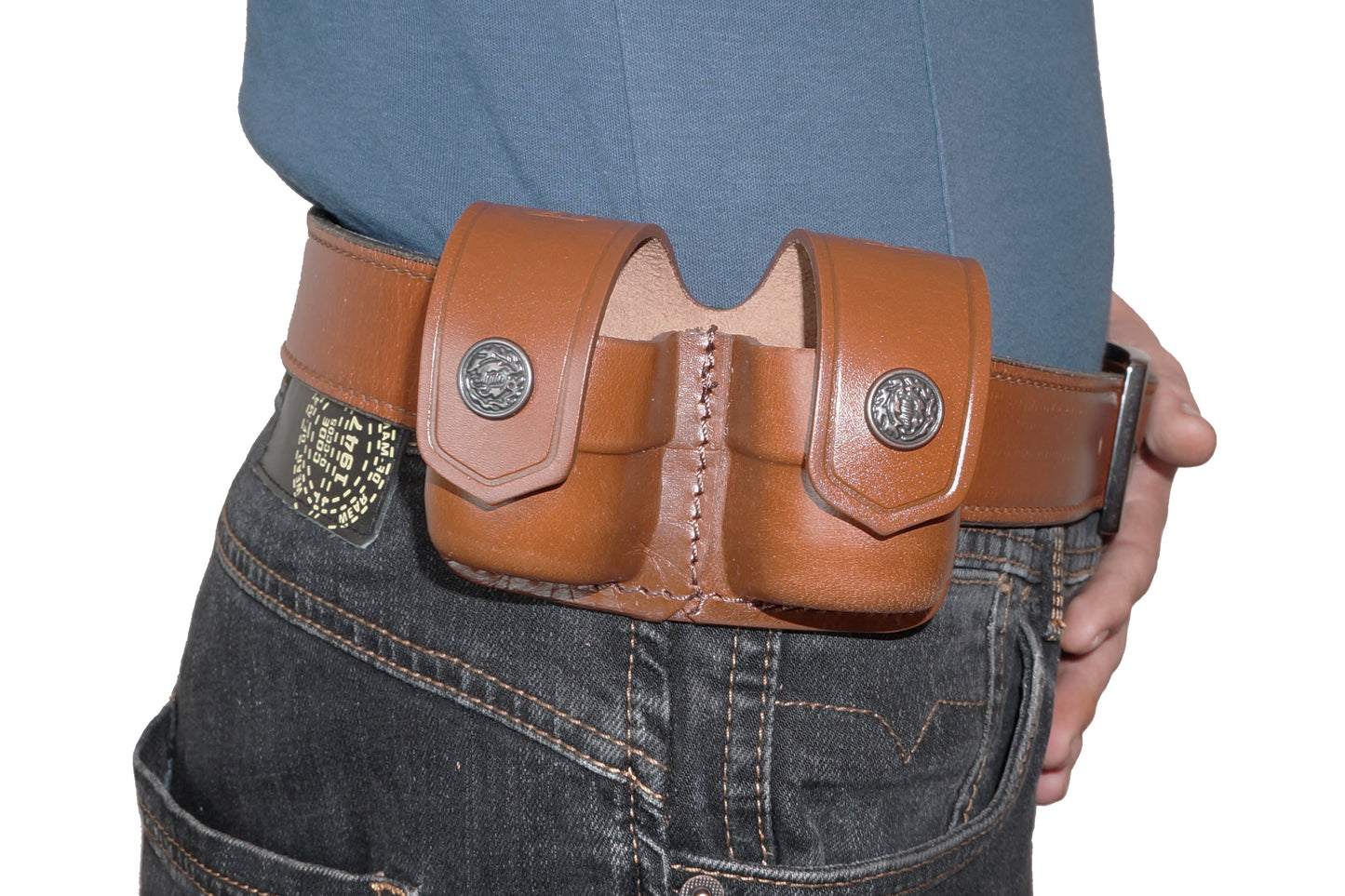 ALIS30538 2 Slot Pancake Leather Holster Thumb Break RH & Double Speedloader Case Fits 357 Magnum with 4" Handmade!