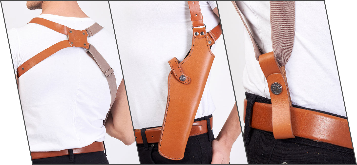ALIS452038 Vertical Shoulder Holster with Soft Fabric Interior Lining & Double Speedloader Pouch Fits 357 Magnum 4"-5" & Similar Revolvers