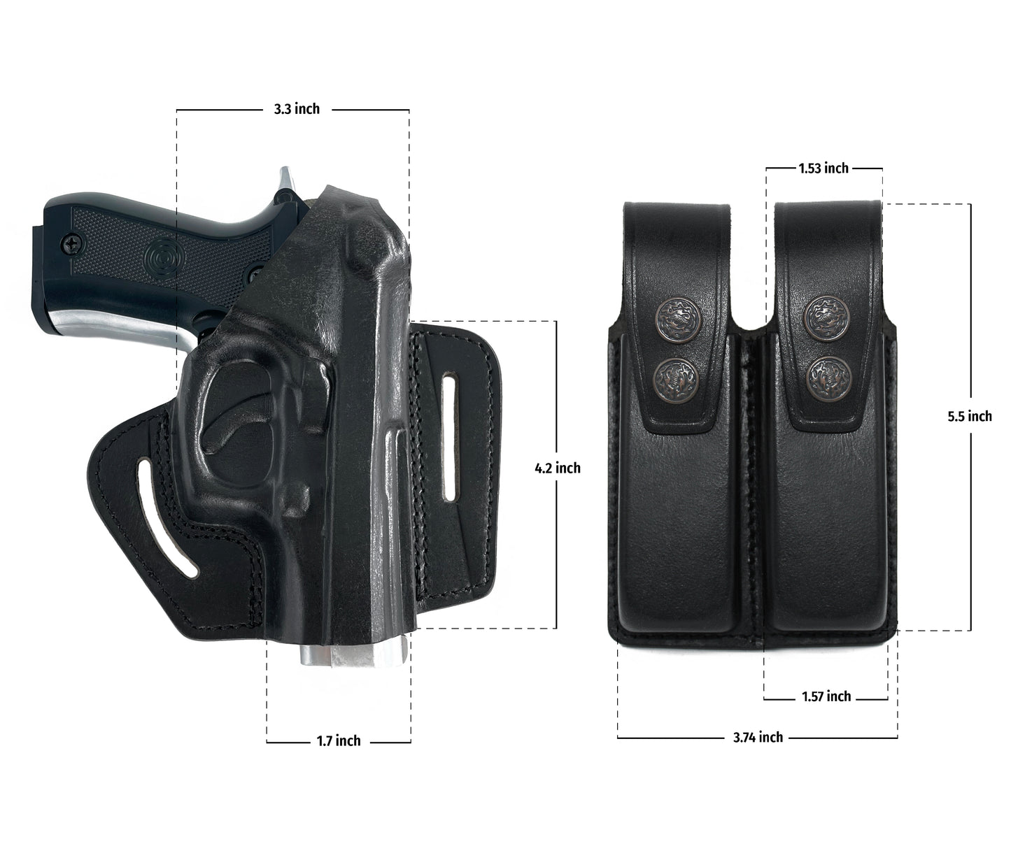 ALIS30406 Pancake Leather Holster Thumb Break RH & Double Magazine Pouch for Beretta 92 92F 96 Taurus 92&99 Handmade!