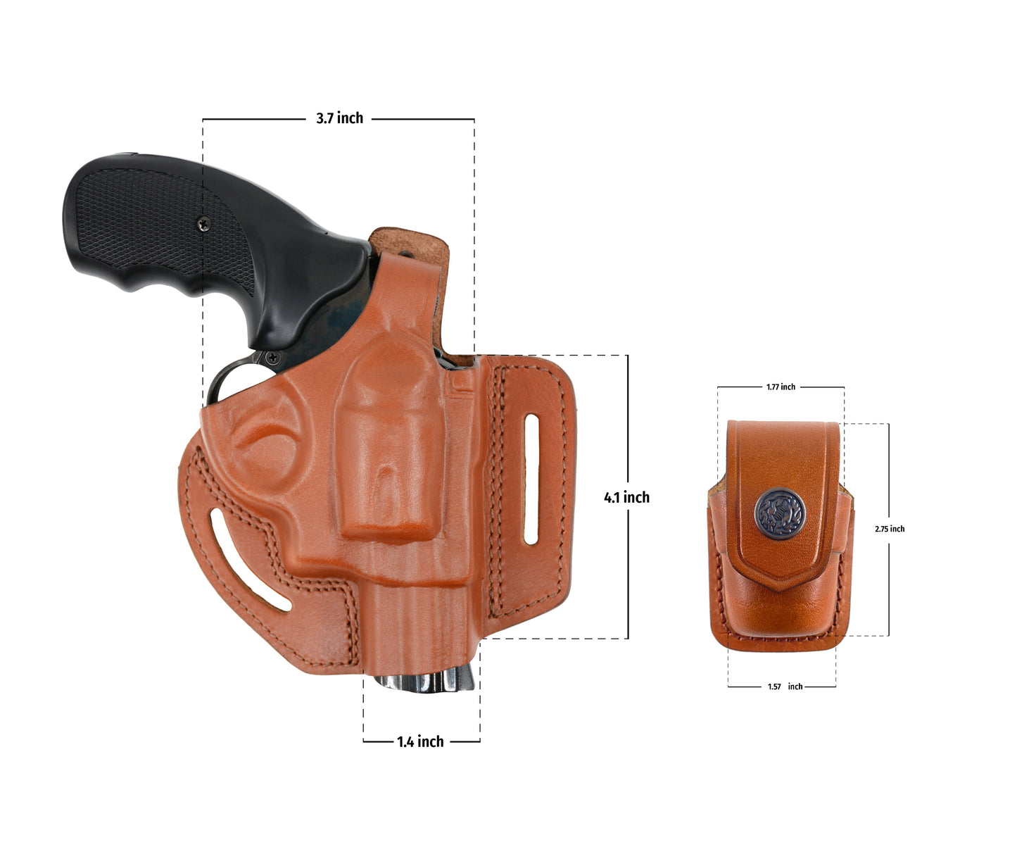 357 Magnum Pancake Leather Holster, Thumb Break 2 Slot Open-end RH & Single Speedloader Case Handmade! (ALIS30637)