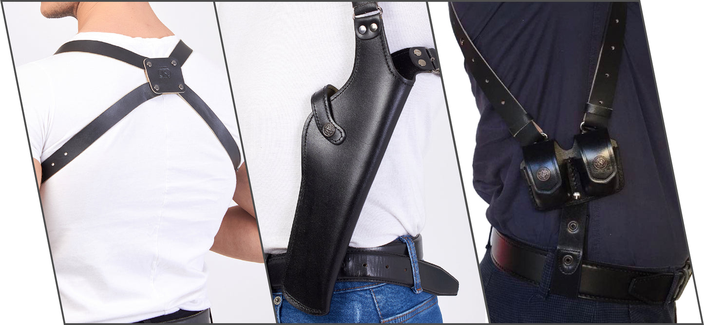 ALS455 Vertical Shoulder Holster with Double Speedloader Pouch Fits 357 Magnum 6’’ & Similar Revolvers RH Handmade! Free Extension for Big Body Size!