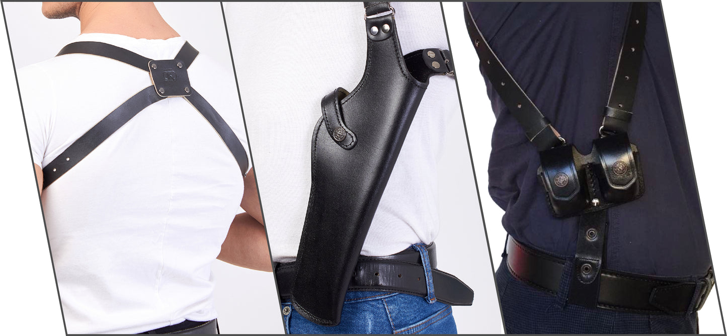 K457-357 Vertical Shoulder Holster with Double Speedloader Pouch for 357 Magnum up to 5" Barrel RH Handmade! Free Extension for Big Body Size!