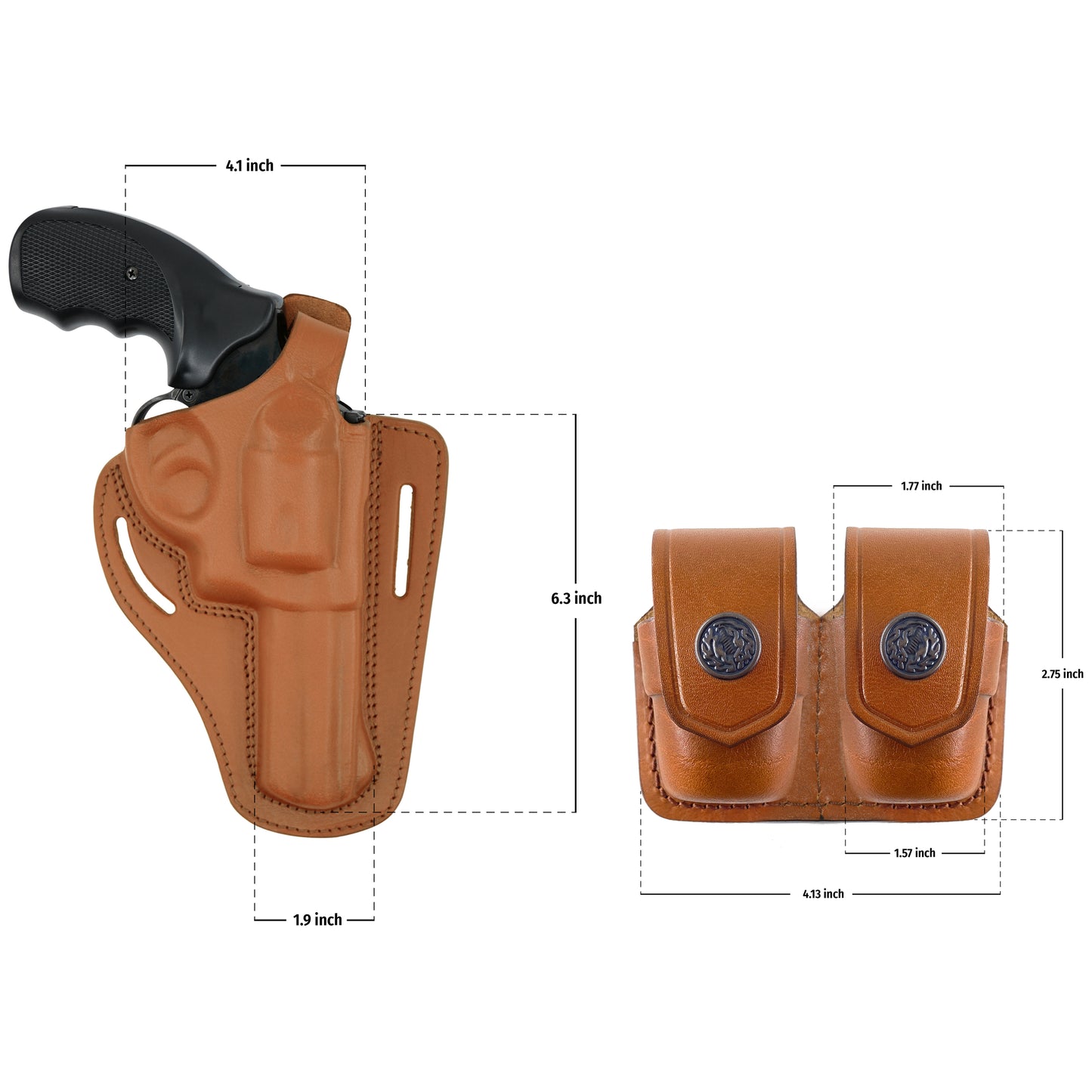 ALIS30538 2 Slot Pancake Leather Holster Thumb Break RH & Double Speedloader Case Fits 357 Magnum with 4" Handmade!