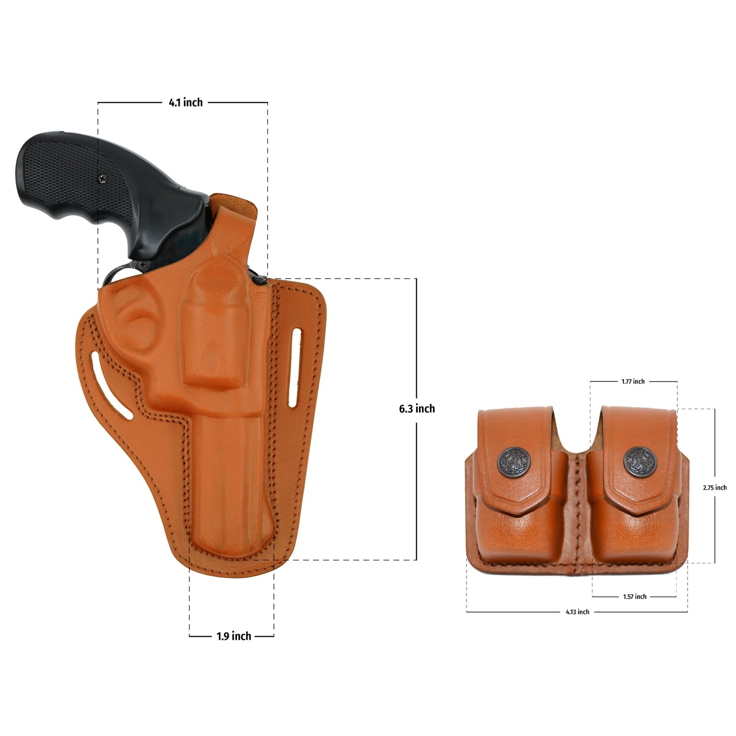 KHS305 Leather Vertical Shoulder & Belt Holster with Double speedloader Fits 357 Magnum & Similar Revolvers 4” Free Extension for Big Body Size!