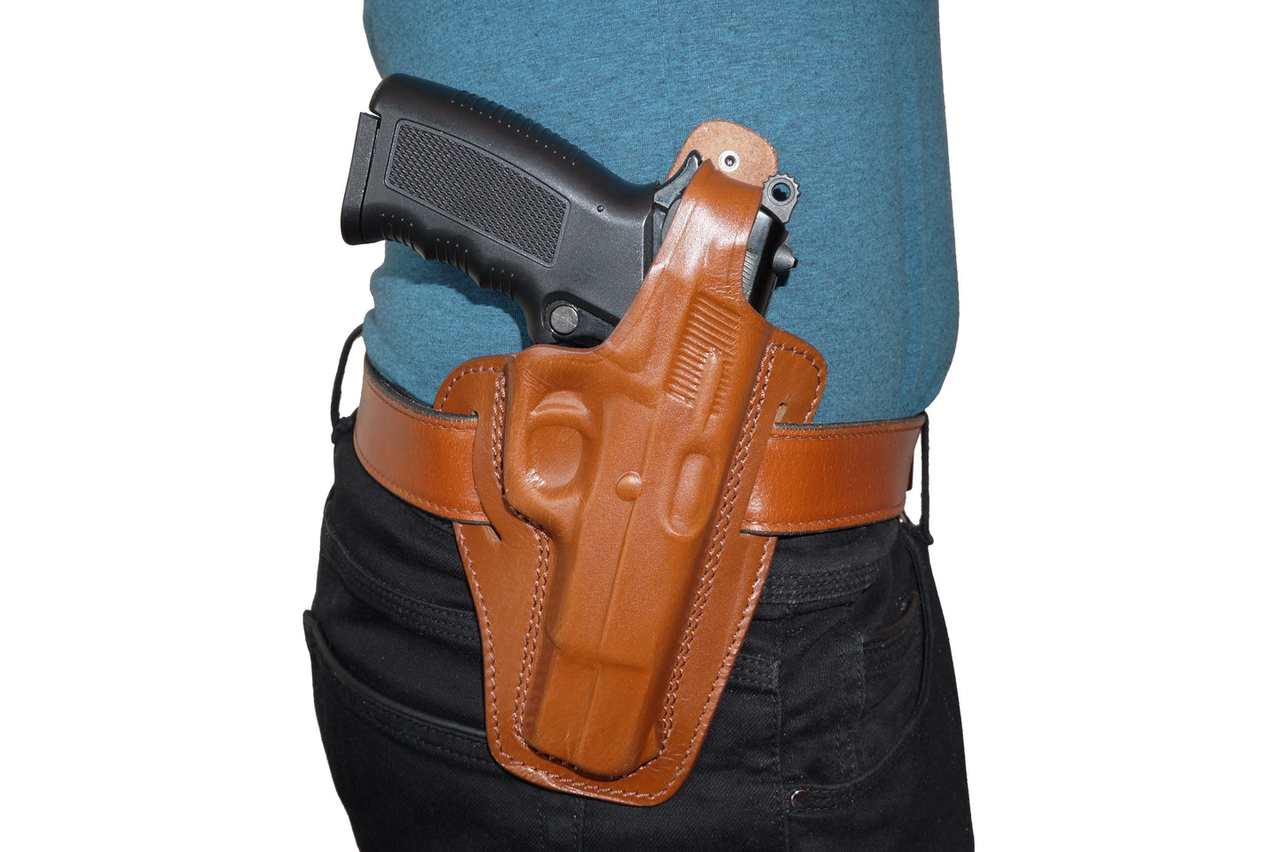 2 Slot Pancake Leather Holster Thumb Break Closed-end RH & Single Magazine Pouch Fits Browning HP Handmade! (#K30905)