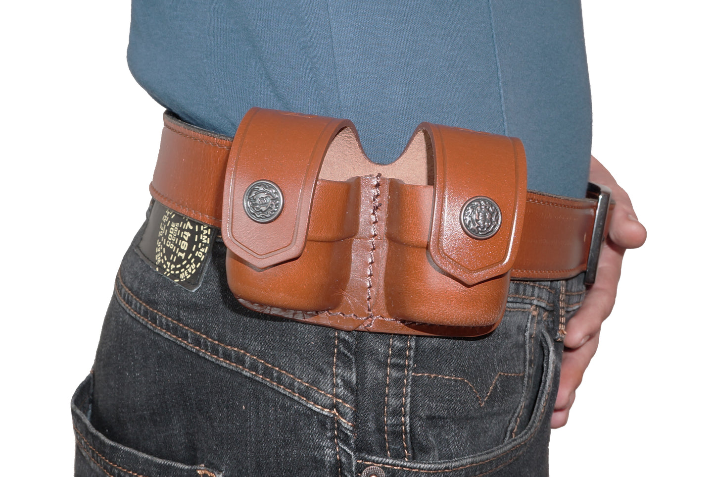 ALS3838 Two Double Speedloader Pouch for for 357 Magnum 6 & 7 Shots, 44 Magnum 5 Shot, S&W .38 Special 6 Shot speedloaders Genuine Leather Handmade!