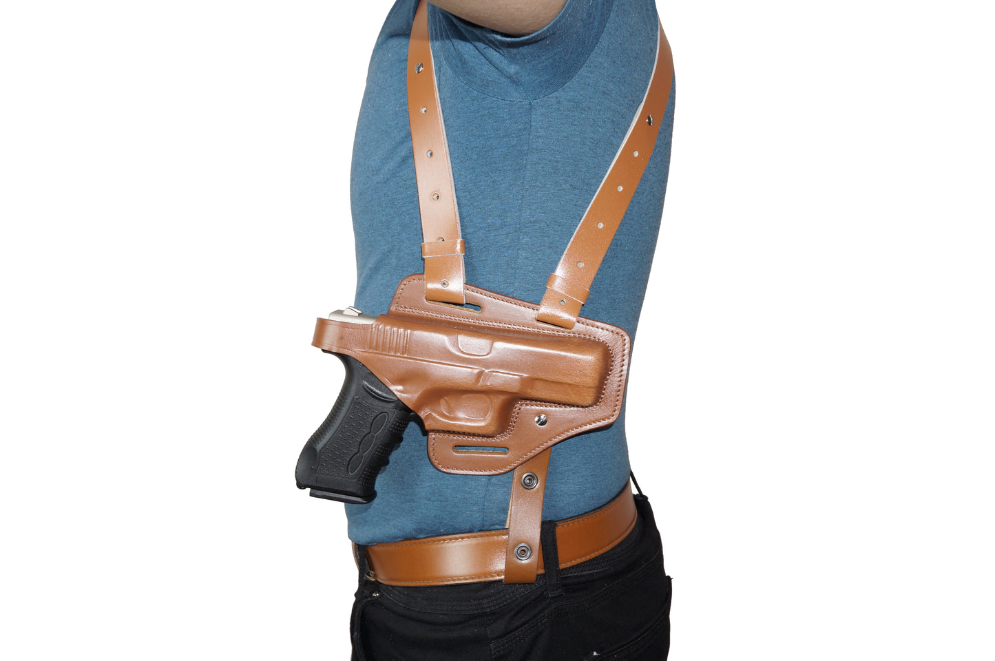 KHS337 Horizontal Shoulder & Belt Holster RH Thumb Break with Double Magazine Pouch for Glock 17 Handmade! (2in1) Free Extension for Big Body Size!